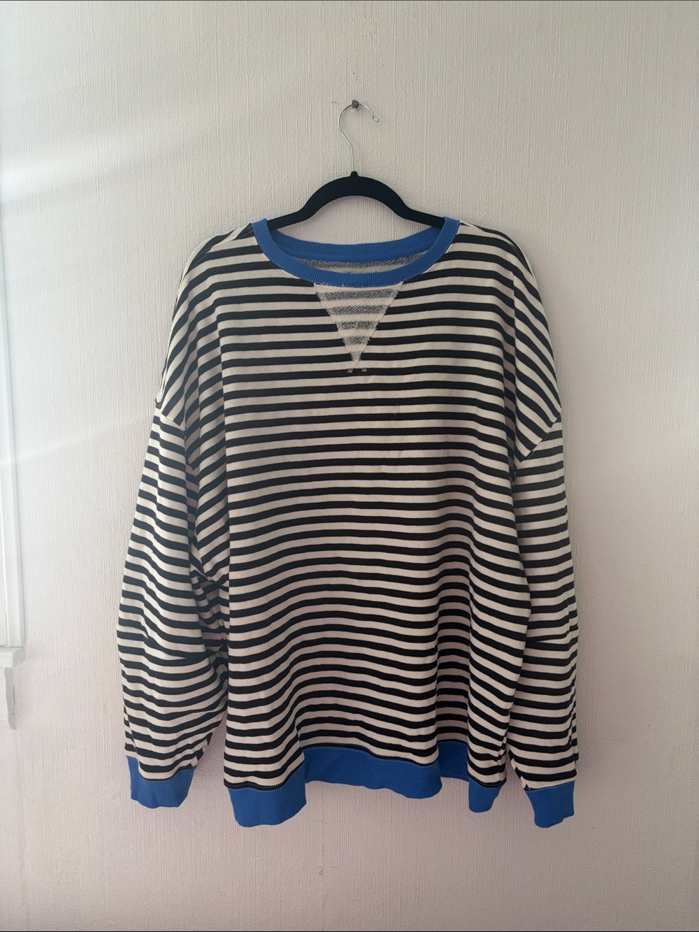 We The Free NWT Black and White Striped Top with Blue Ribbed Neck